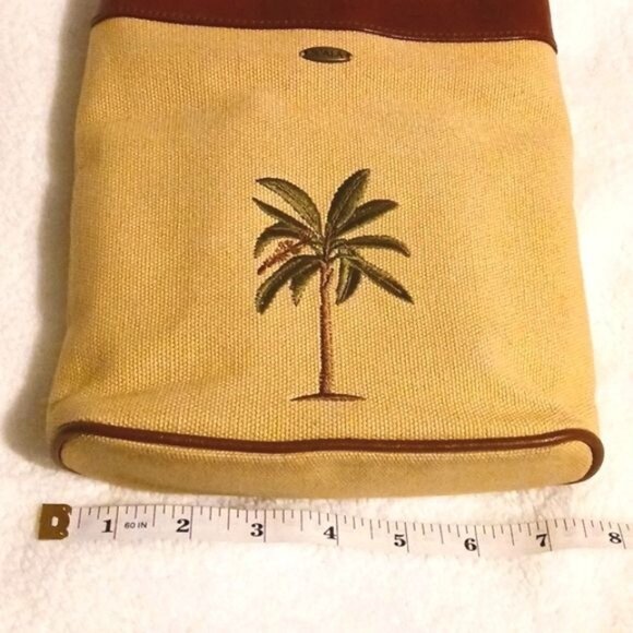 Scala Tan Canvas Palm Tree Bag Brown Leather Trim and‎ Adjustable Strap - Picture 10 of 12